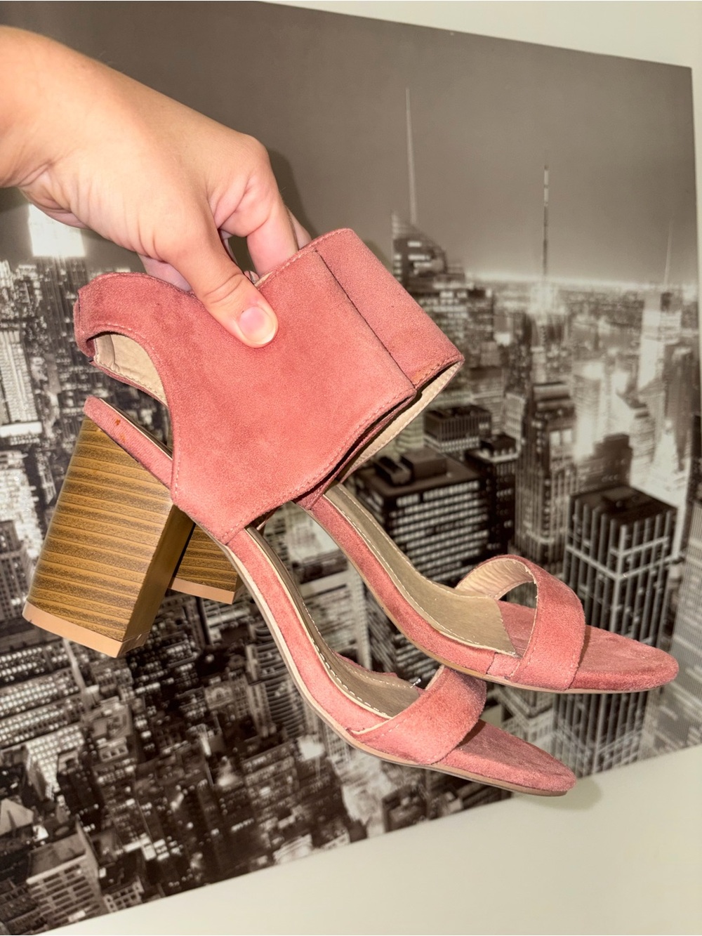 Suede Pink Block Heel Sandals with Ankle Strap